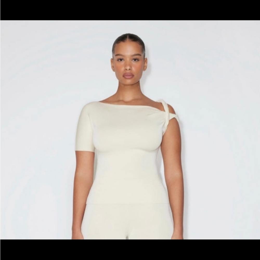 KHY suede Elegant Cream One-Shoulder Top